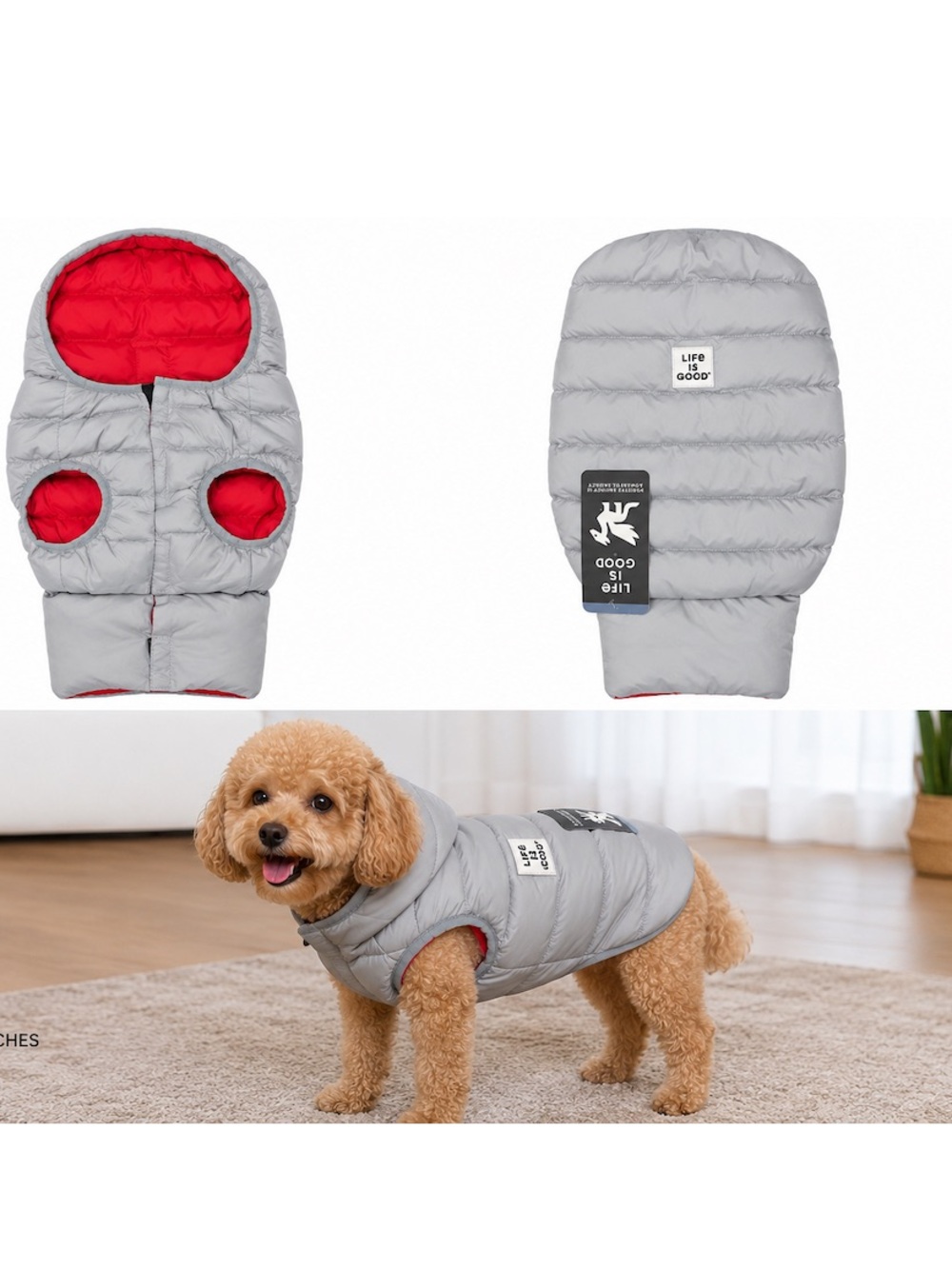 New - Life is Good® Reversible Quilted Puffer Dog Jacket - Size Medium Grey/Red